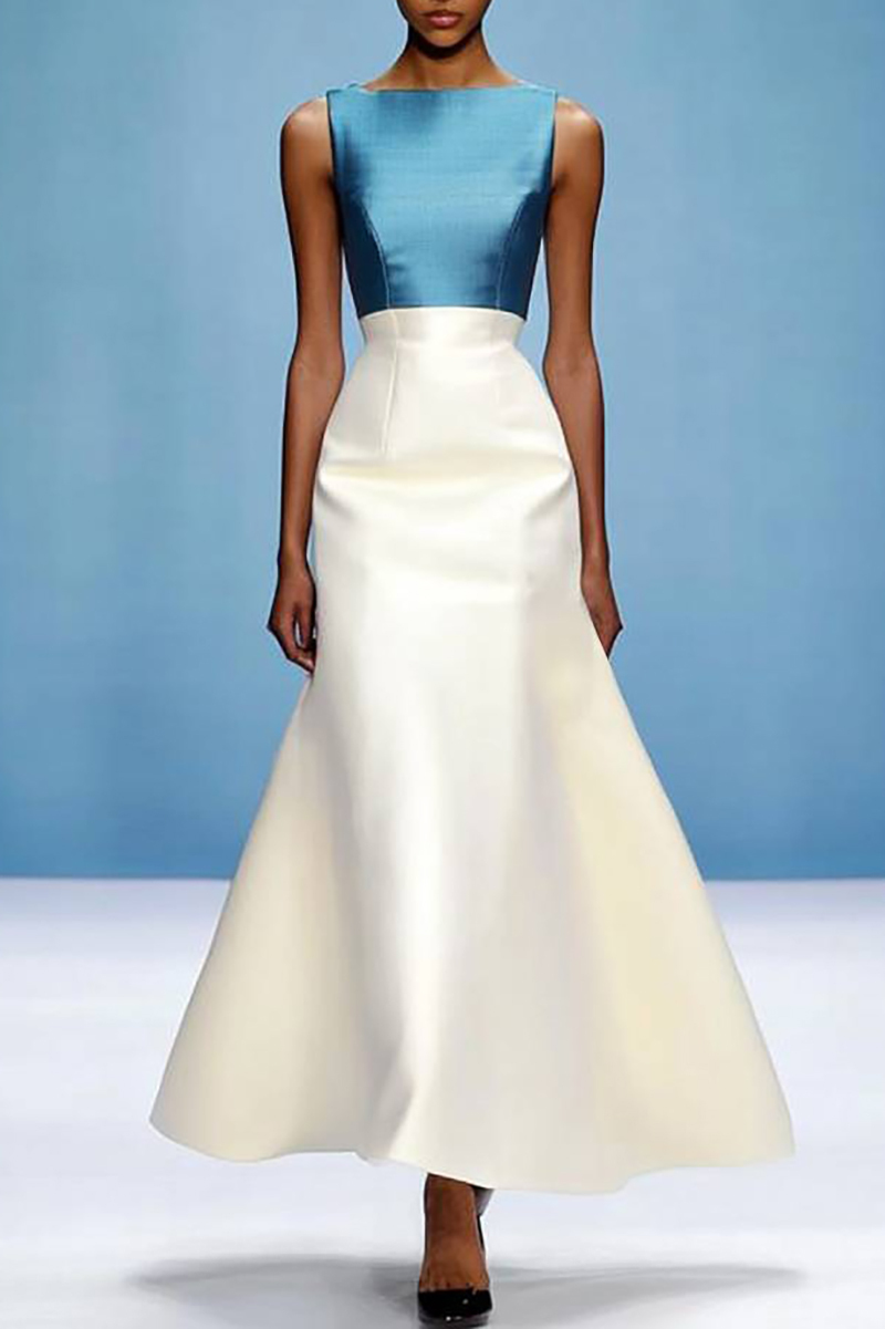 Evening Formal Colorblock Dress Blue White Round Neck Sleeveless Maxi Dress