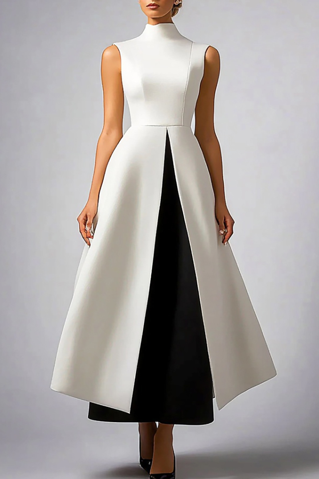 Evening Formal Dress Black White Stand Collar Sleeveless Slit Maxi Dre