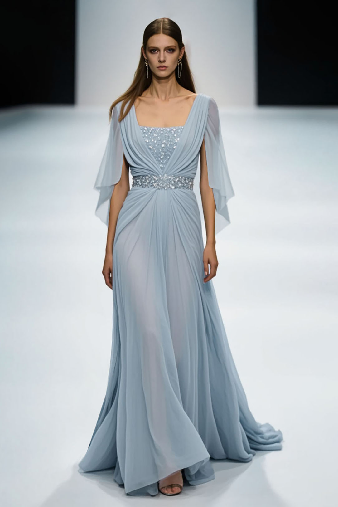 Evening Dress Light Blue Rhinestone Chiffon Floor-Length Gown