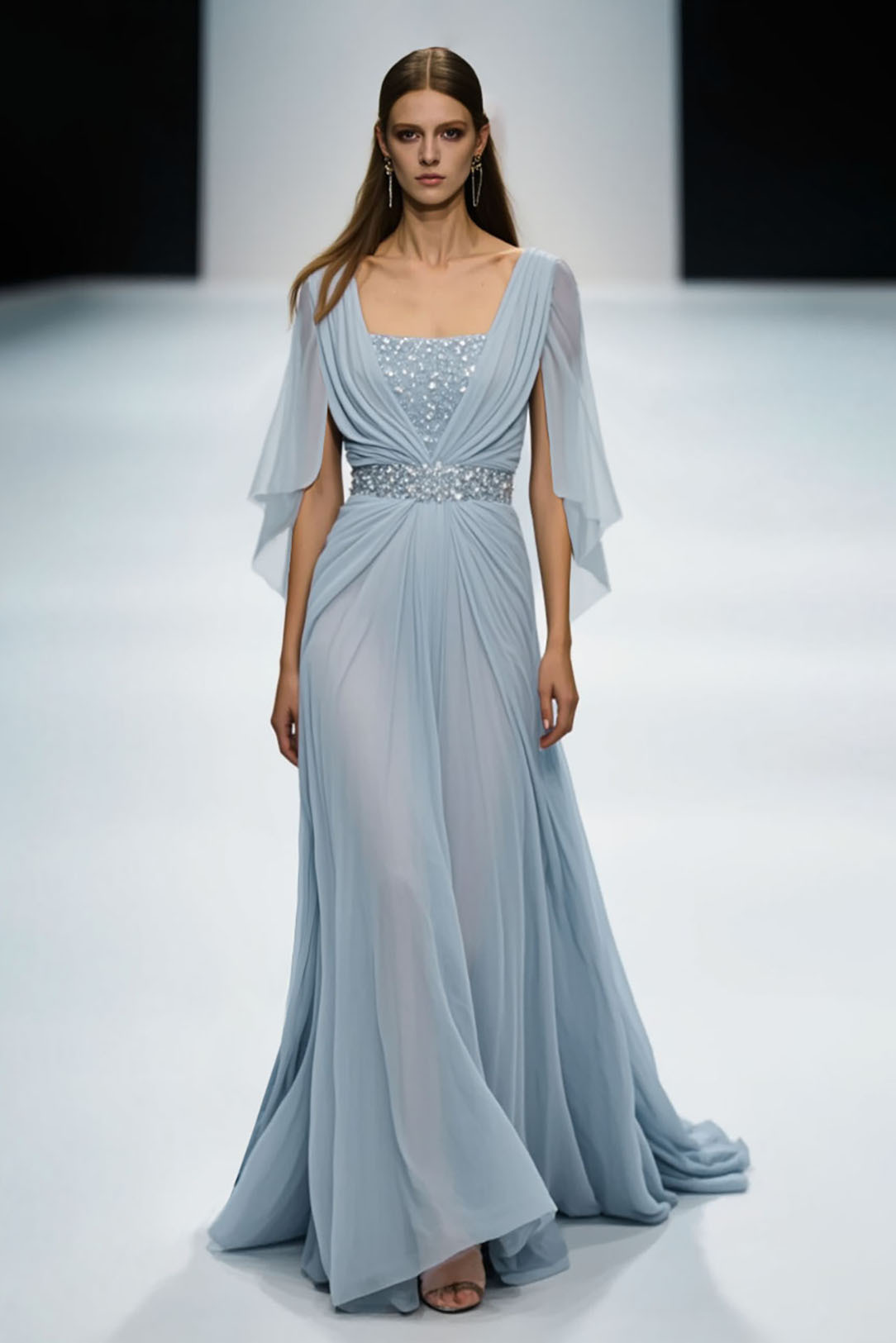 Evening Dress Light Blue Rhinestone Chiffon Floor-Length Gown
