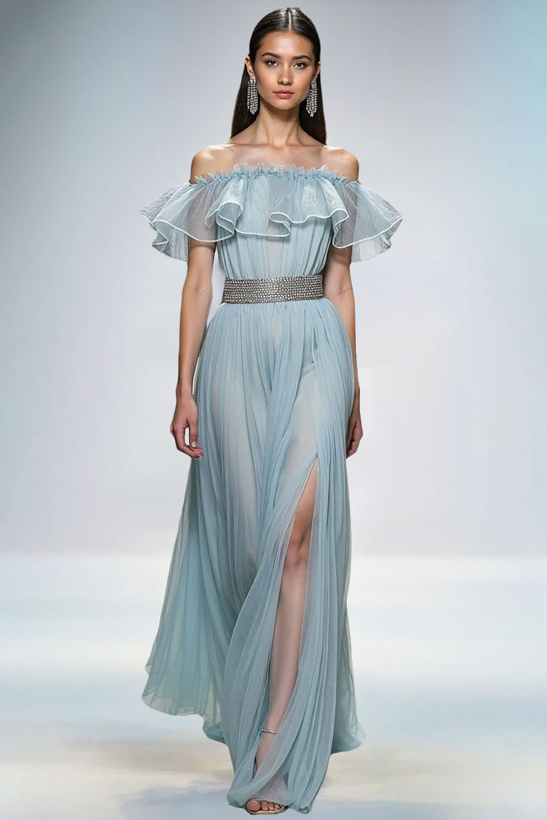Evening Dress Light Blue Off Shoulder Ruffle Chiffon Slit Maxi Gown