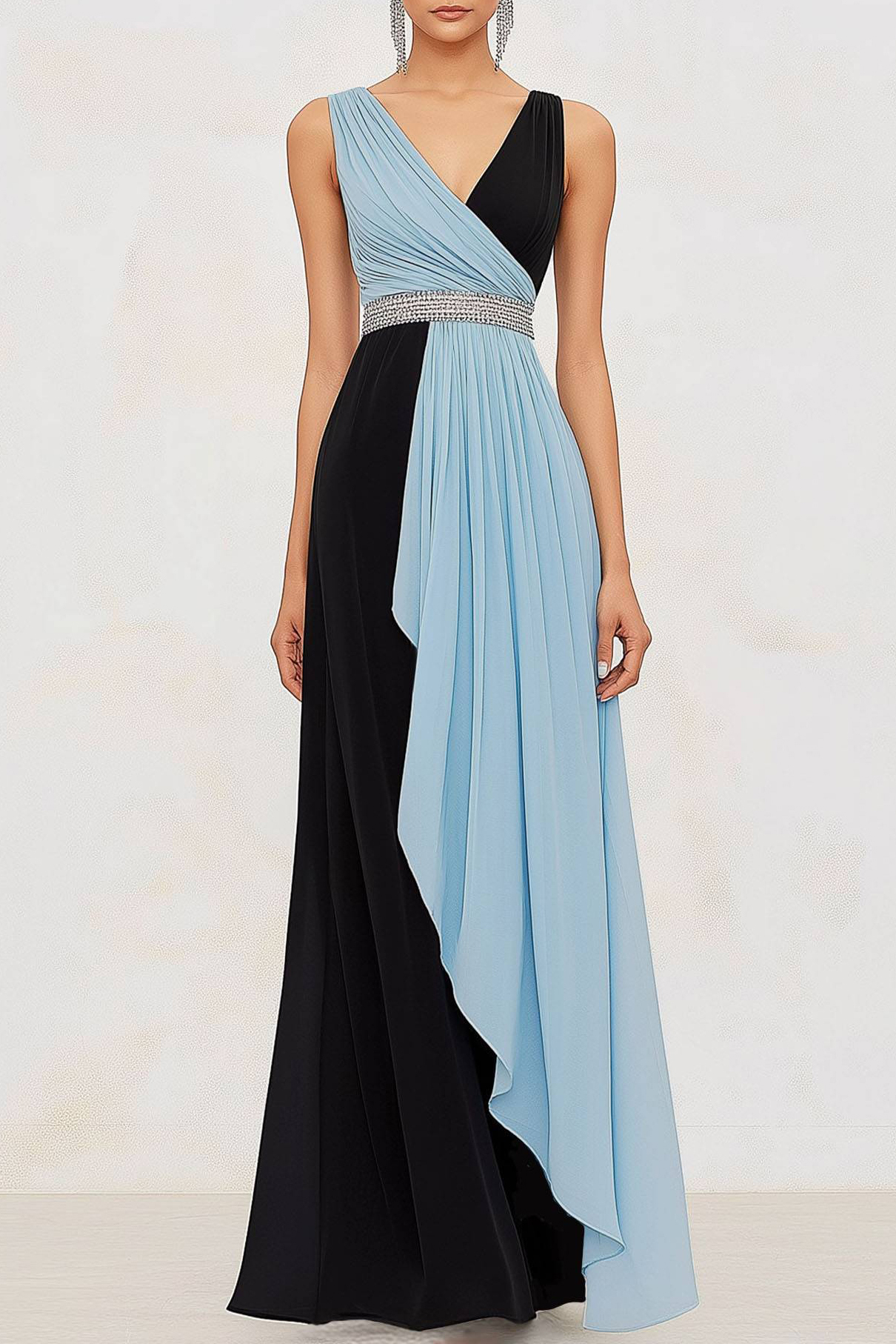 Evening Formal Dress Blue Black V-Neck Rhinestone Waistband Floor-Leng