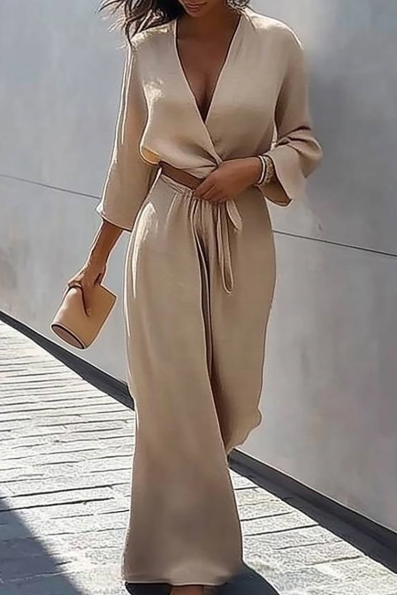 Daily Casual Linen Set Beige Cross Neck Tie Short Top Wide-Leg Pants S