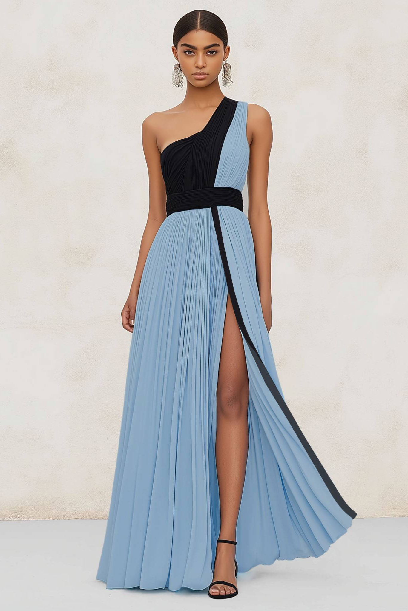 Evening Formal Dress Blue Black High Slit Pleated Floor-Length Dress