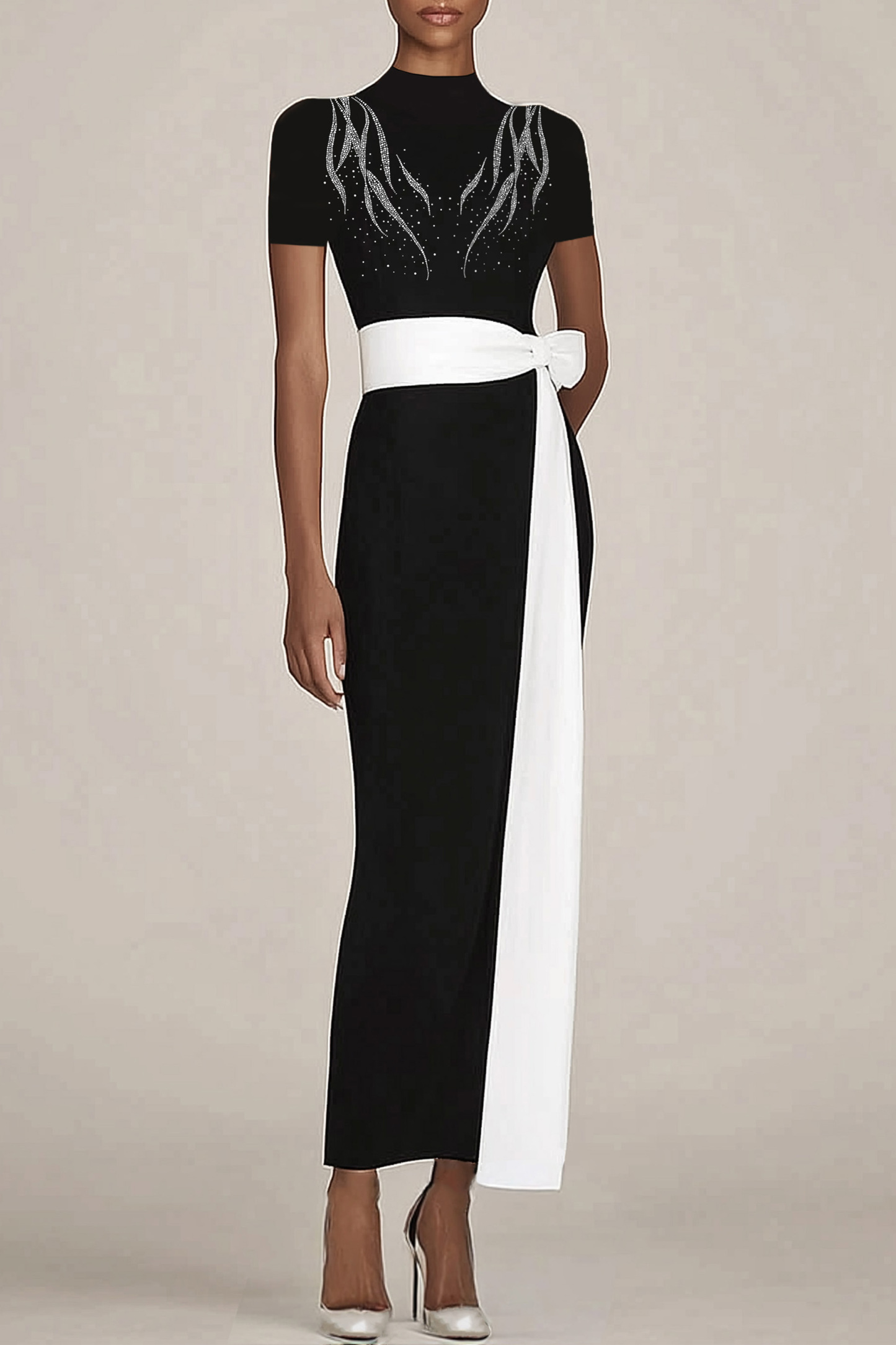 Semi-Formal Party Dress Black White Boat Neck Sleeveless Knee-Length D
