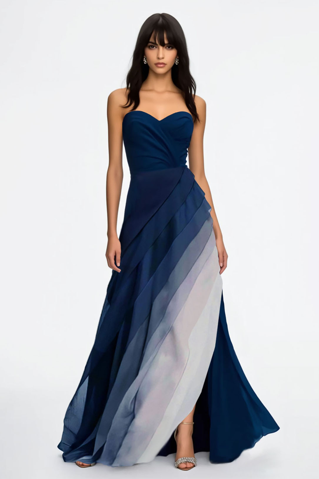 Formal Evening Dress Blue Ombre Strapless Multi-Layered Maxi Dress