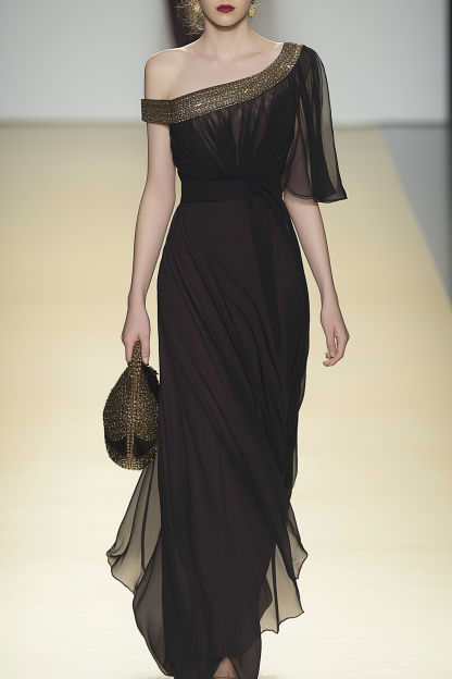 Formal Evening Dress Black Chiffon One-Shoulder Maxi Dress