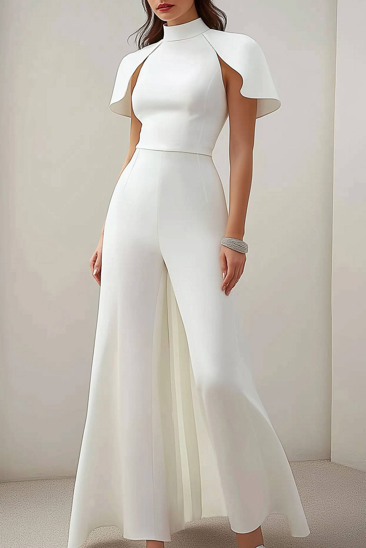 Semi-Formal Party Jumpsuit White Stand Collar Wide-Leg Pants