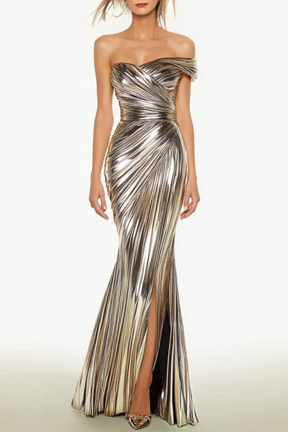 Evening Dress Silver Metallic Pleated One-Shoulder Slit Maxi Dress
