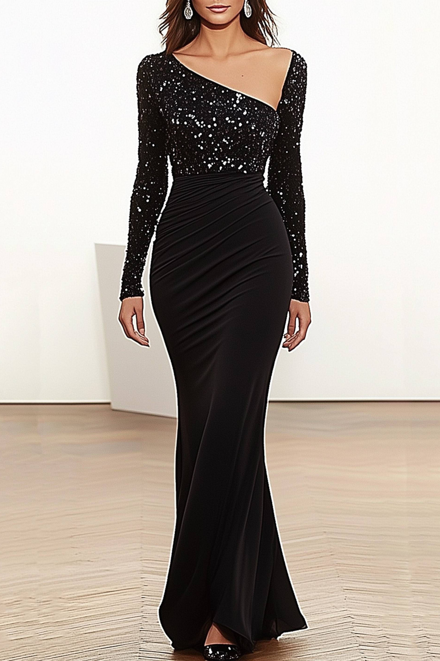Evening Dress Black Sequin Asymmetrical Neck Long Sleeve Dress