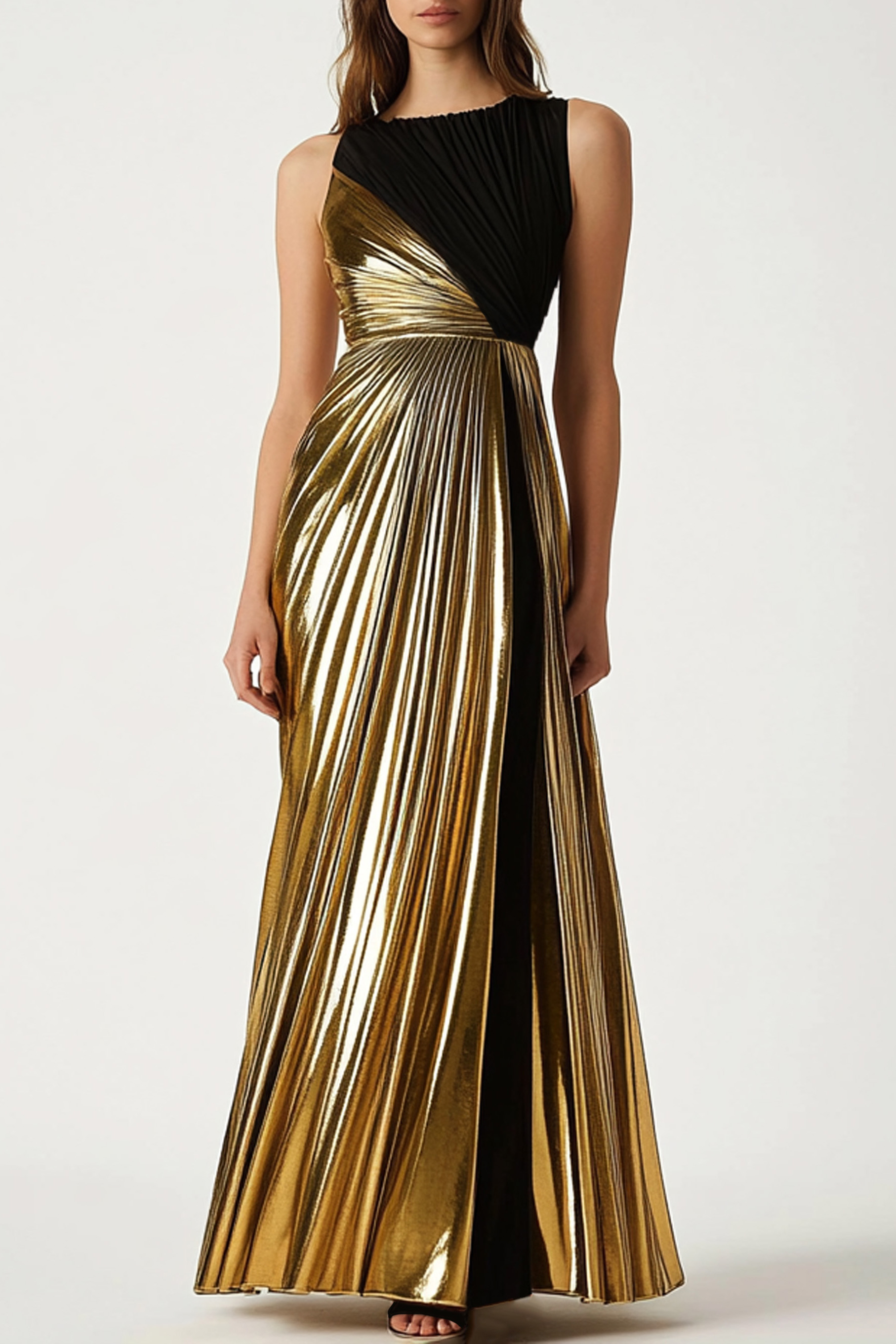 Formal Evening Dress Black Gold Metallic Sleeveless Pleated Maxi Dress