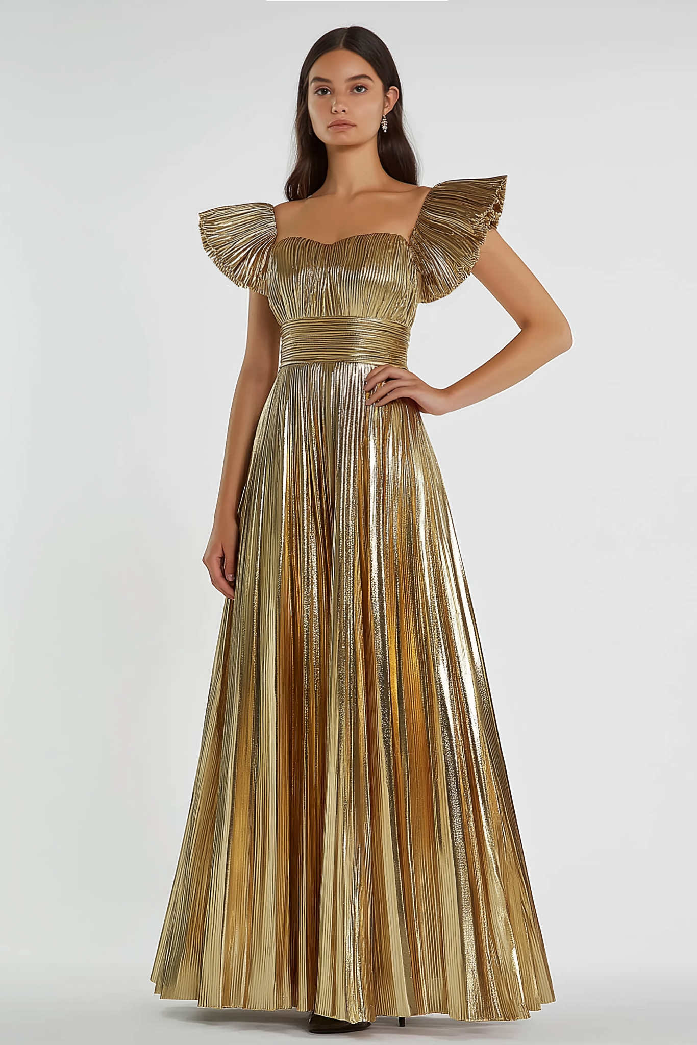 Formal Evening Dress Gold Pleated Metallic Square Neck Maxi Dress