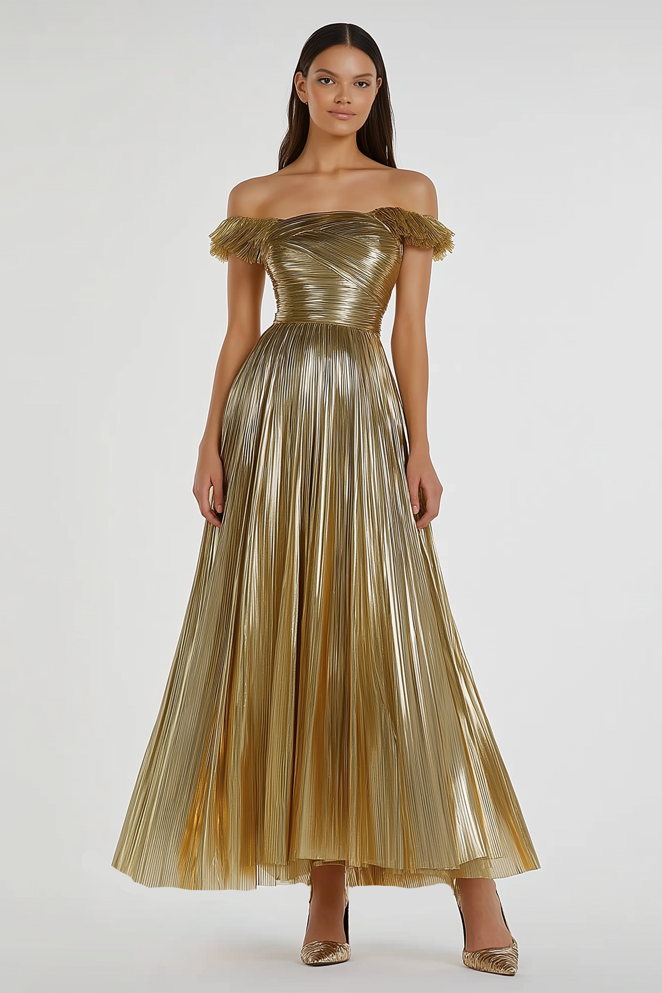 Formal Evening Dress Gold Pleated Metallic Off-Shoulder Maxi Dress
