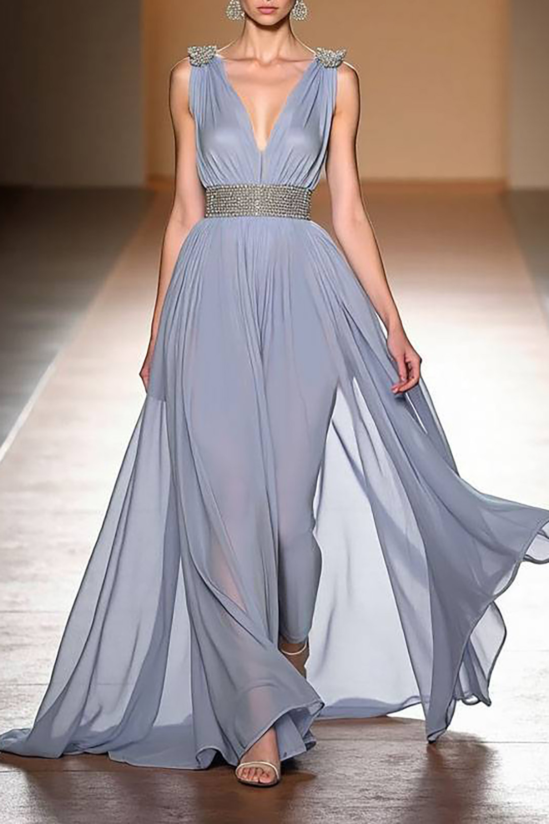 Party Dress Light Blue Deep V Chiffon Sleeveless Maxi Dress