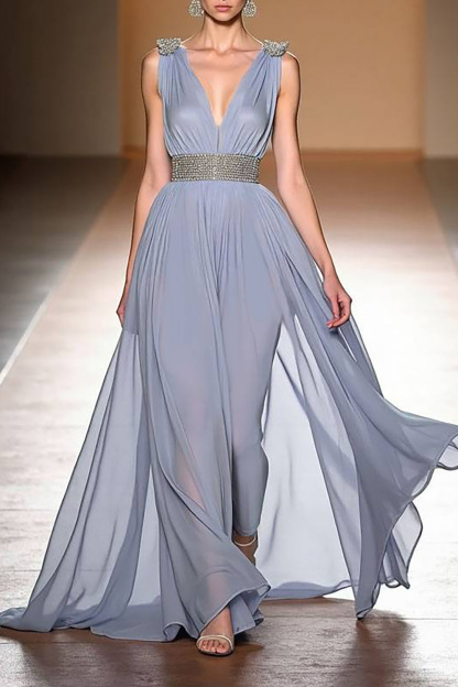 Party Dress Light Blue Deep V Chiffon Sleeveless Maxi Dress