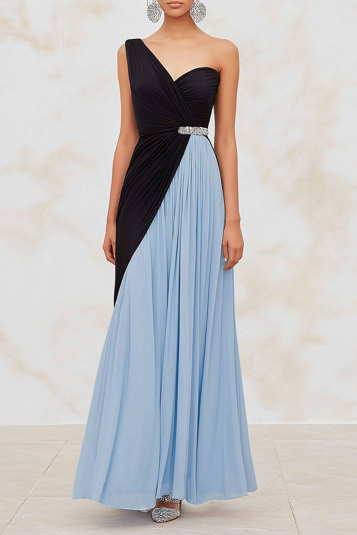 Semi-Formal Party Dress Black Blue One-Shoulder Pleated Maxi Dress