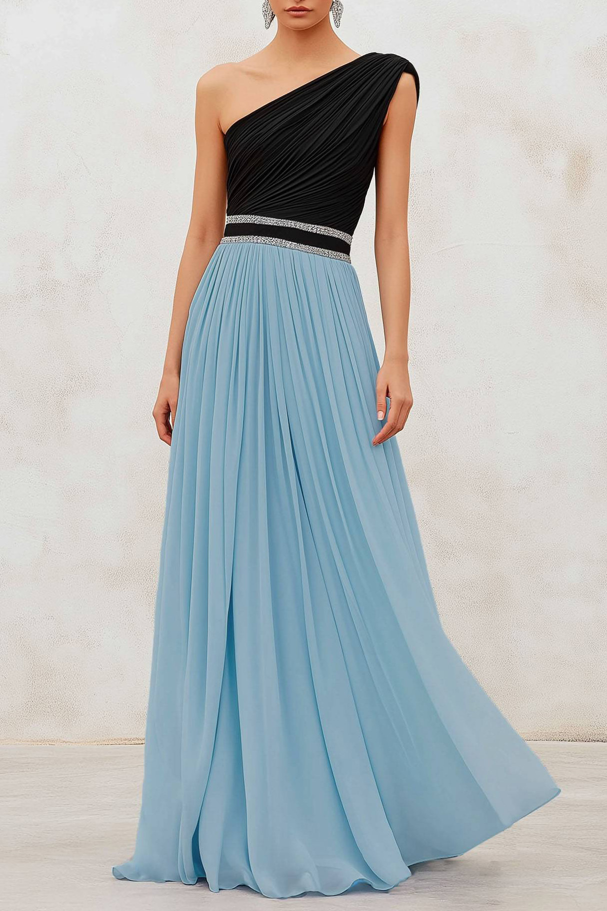 Formal Dress Black Blue One-Shoulder Sleeveless Chiffon Pleated Maxi D