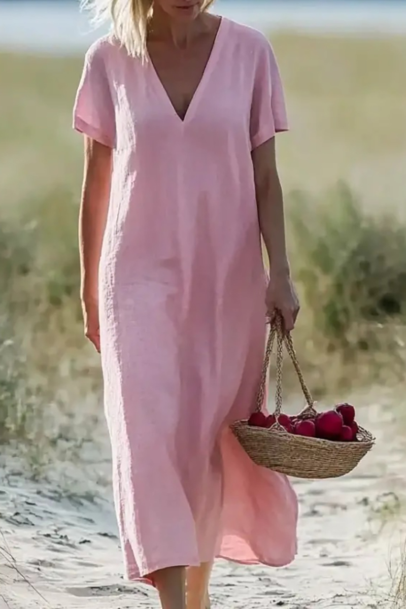 Daily Casual Dress Pink Linen V-Neck Loose Midi Dress