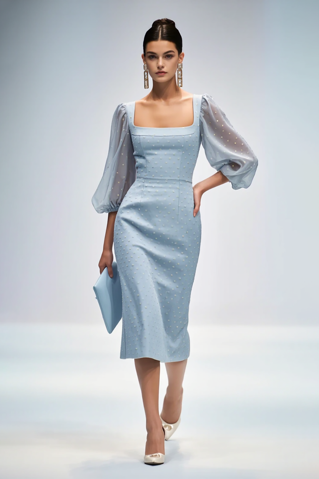 Casual Semi-Formal Dress Light Blue Square Neck Puff Sleeve Pearl Midi Dress