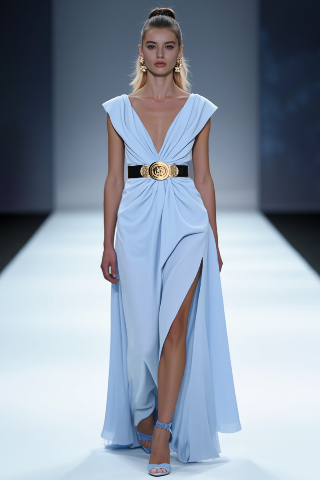 Formal Dress Light Blue Deep V-Neck Sleeveless Belt Slit Maxi Dress