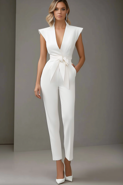 Semi-Formal Party Jumpsuit White Deep V Sleeveless Skinny Jumpsuit