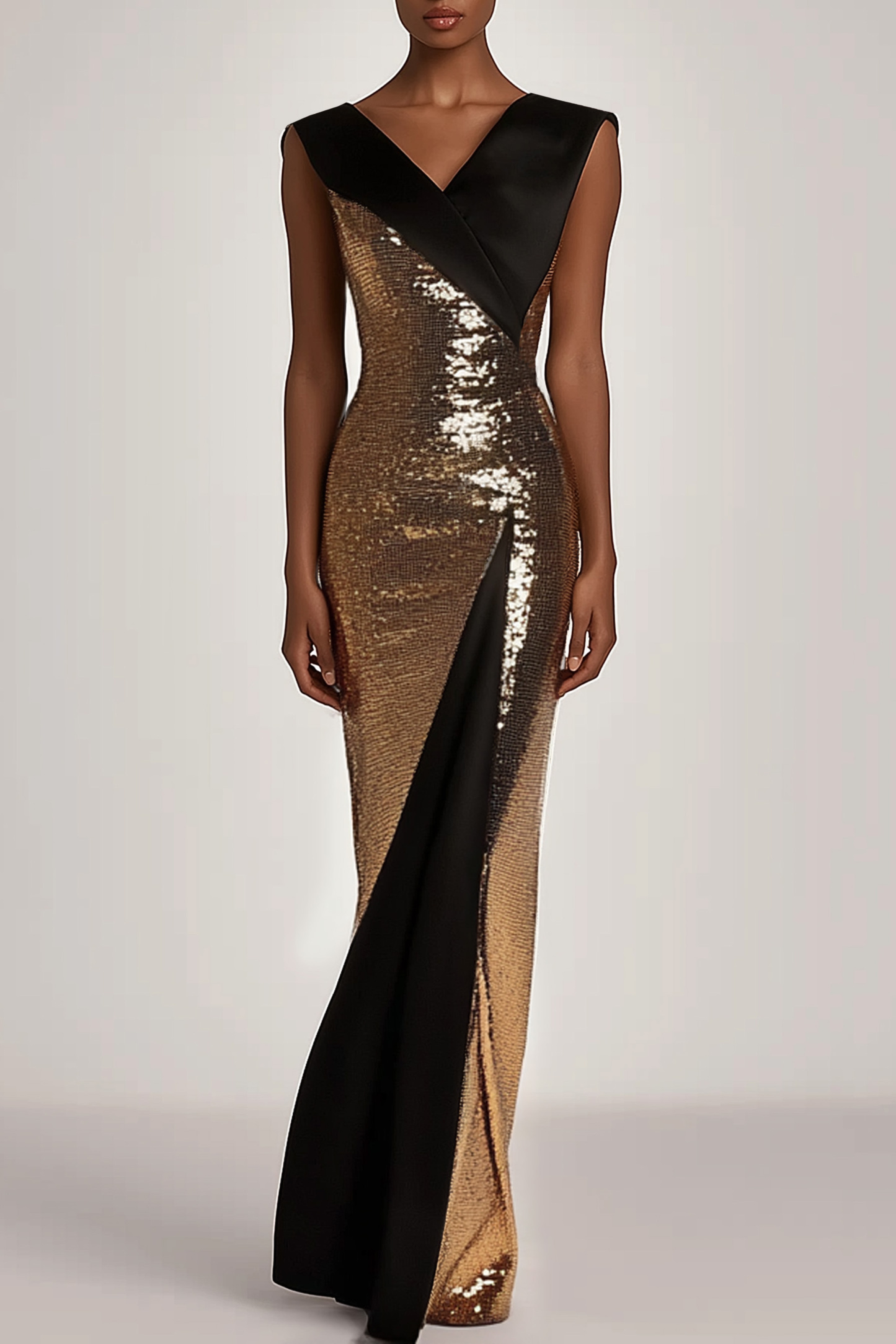 Evening Sequin Dress Black Gold Colorblock V-neck Sleeveless Maxi Gown