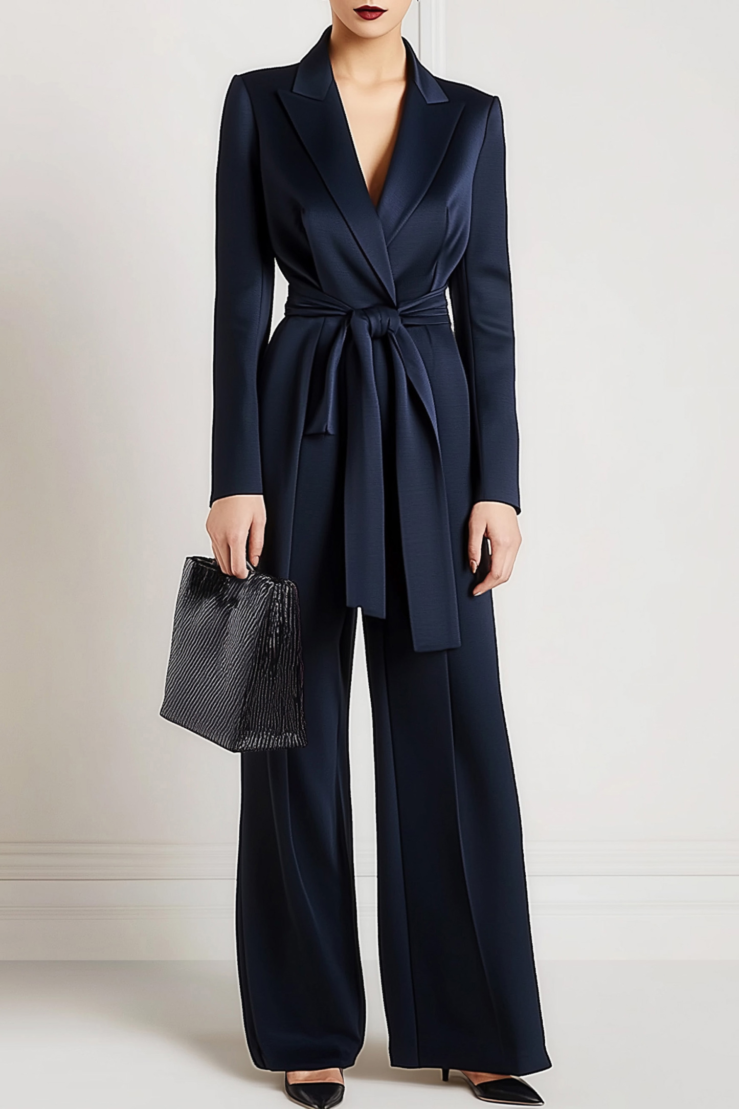 Work Semi-Formal Jumpsuit Navy Collar Long Sleeve Straight Pants