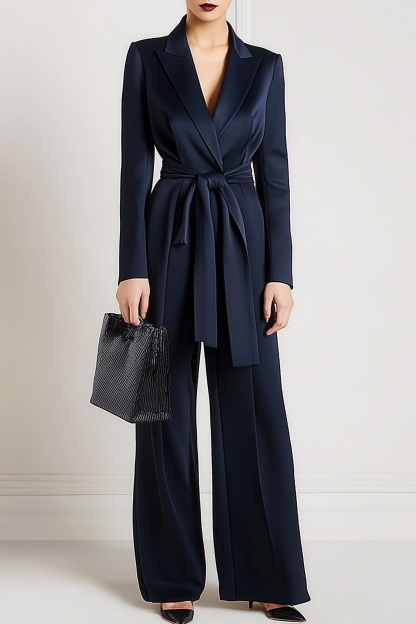 Work Semi-Formal Jumpsuit Navy Blue Collar Long Sleeve Straight Pants