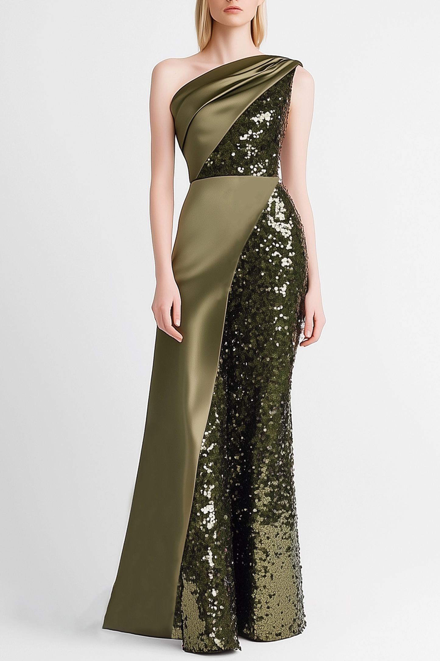 Evening Dress Green Satin Sequin One-Shoulder Maxi Gown