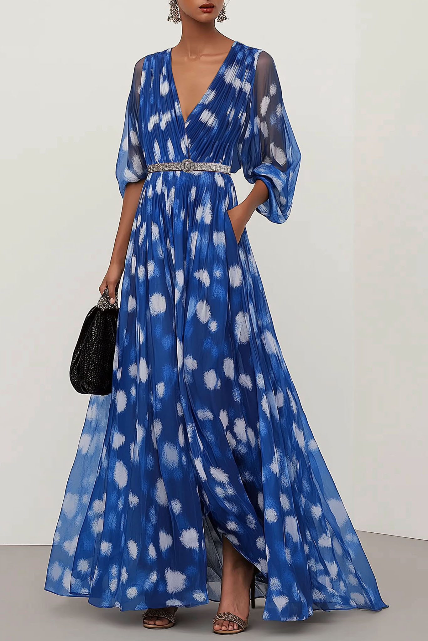 Party Casual Dress Blue V-neck White Floral Rhinestone Belt Pockets Ma