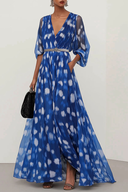 Party Casual Dress Blue V-neck White Floral Rhinestone Belt Pockets Maxi Dress
