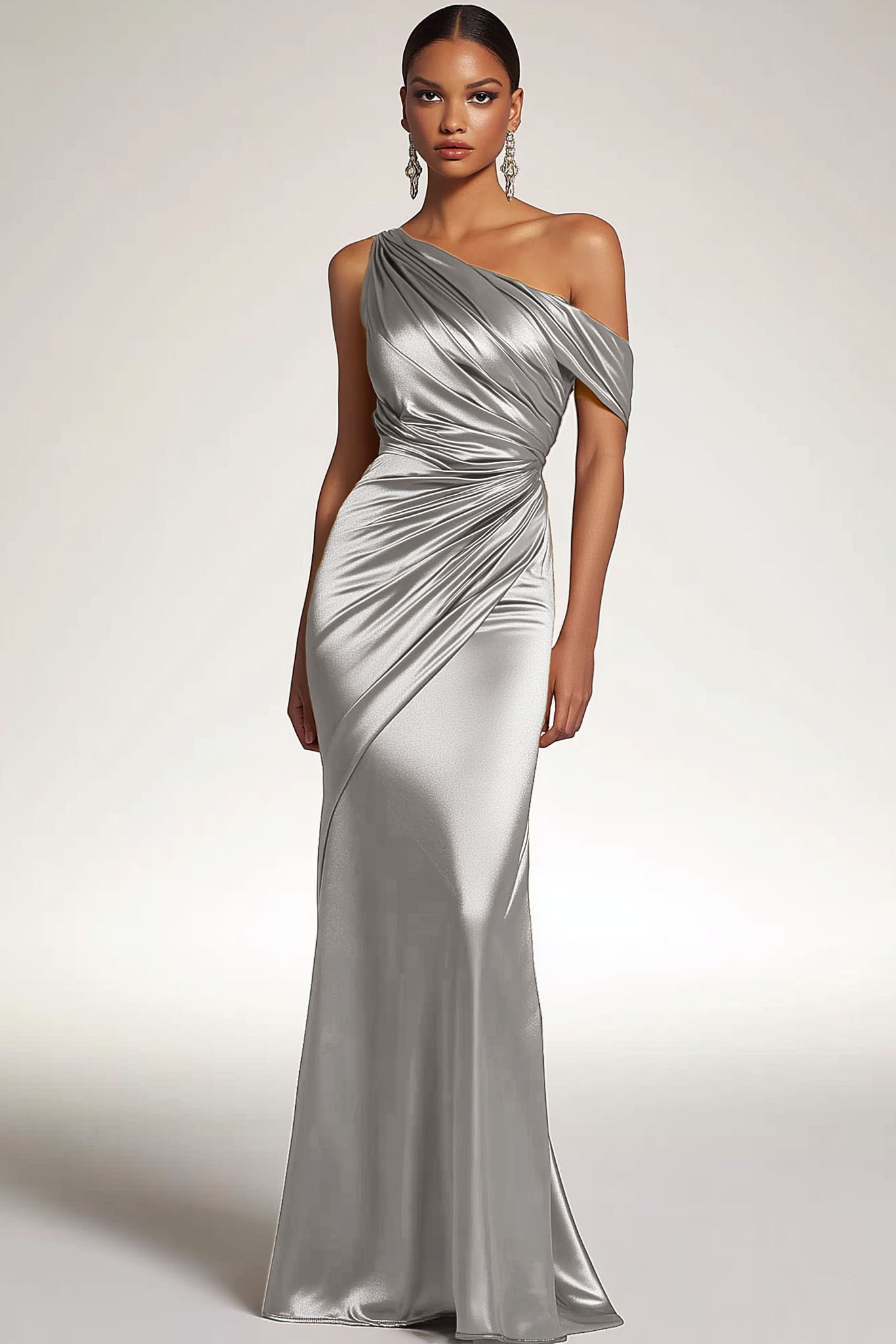 Formal Party Satin Dress Silver One-Shoulder Pleated Metallic Maxi Gown