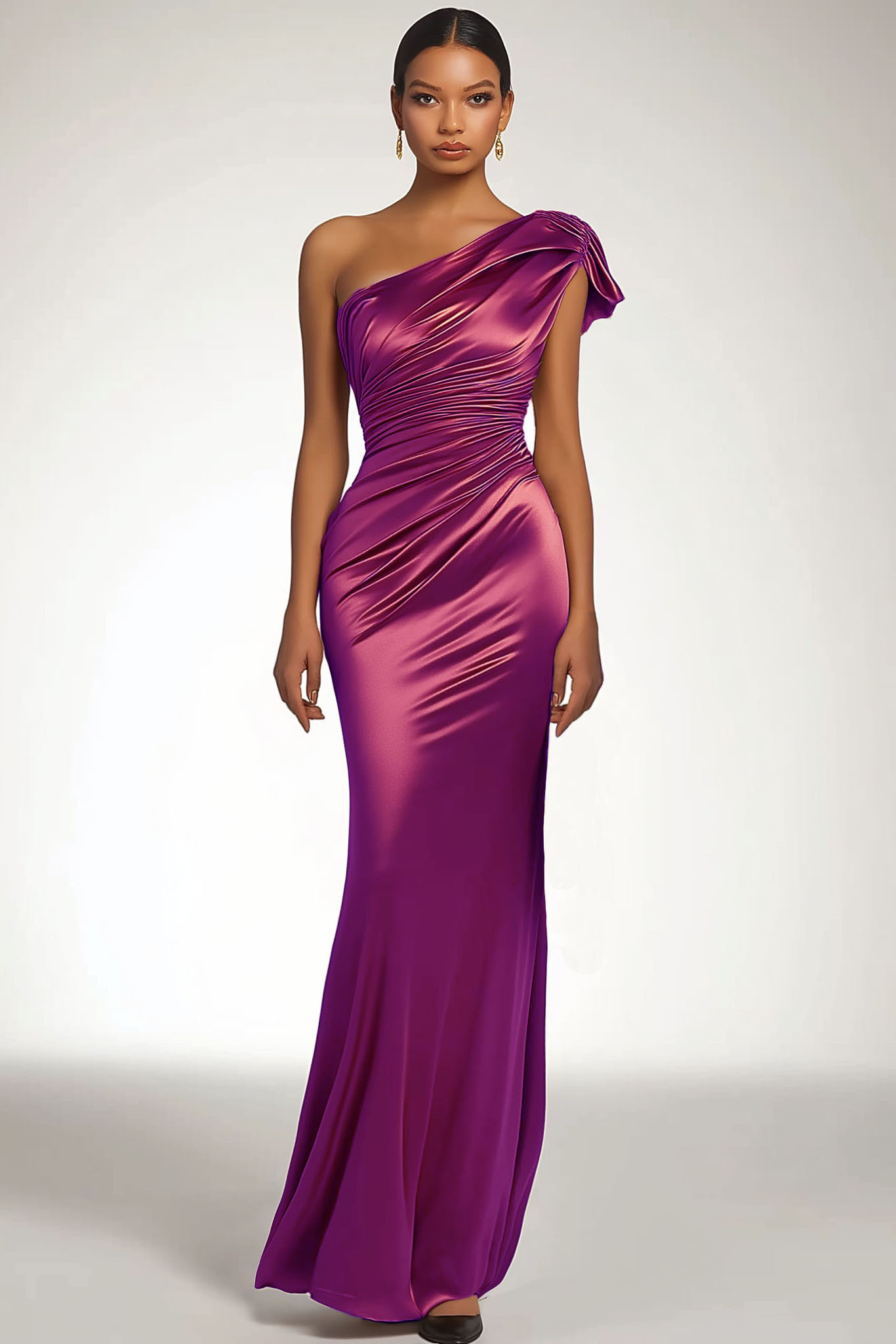 Formal Party Satin Dress Purple One-Shoulder Pleated Maxi Gown