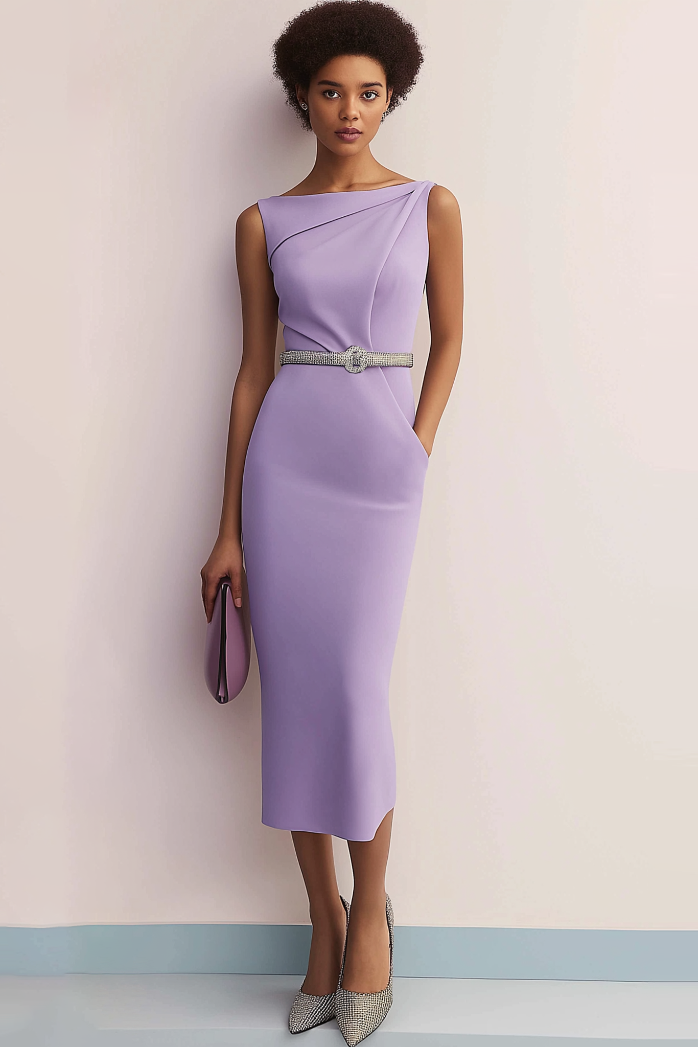 Semi-Formal Dress Purple Boat Neck Sleeveless Pockets Midi Dress