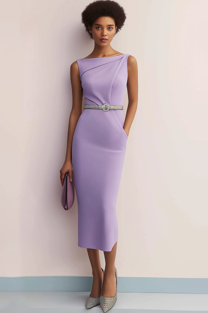 Semi-Formal Dress Purple Boat Neck Sleeveless Pockets Midi Dress