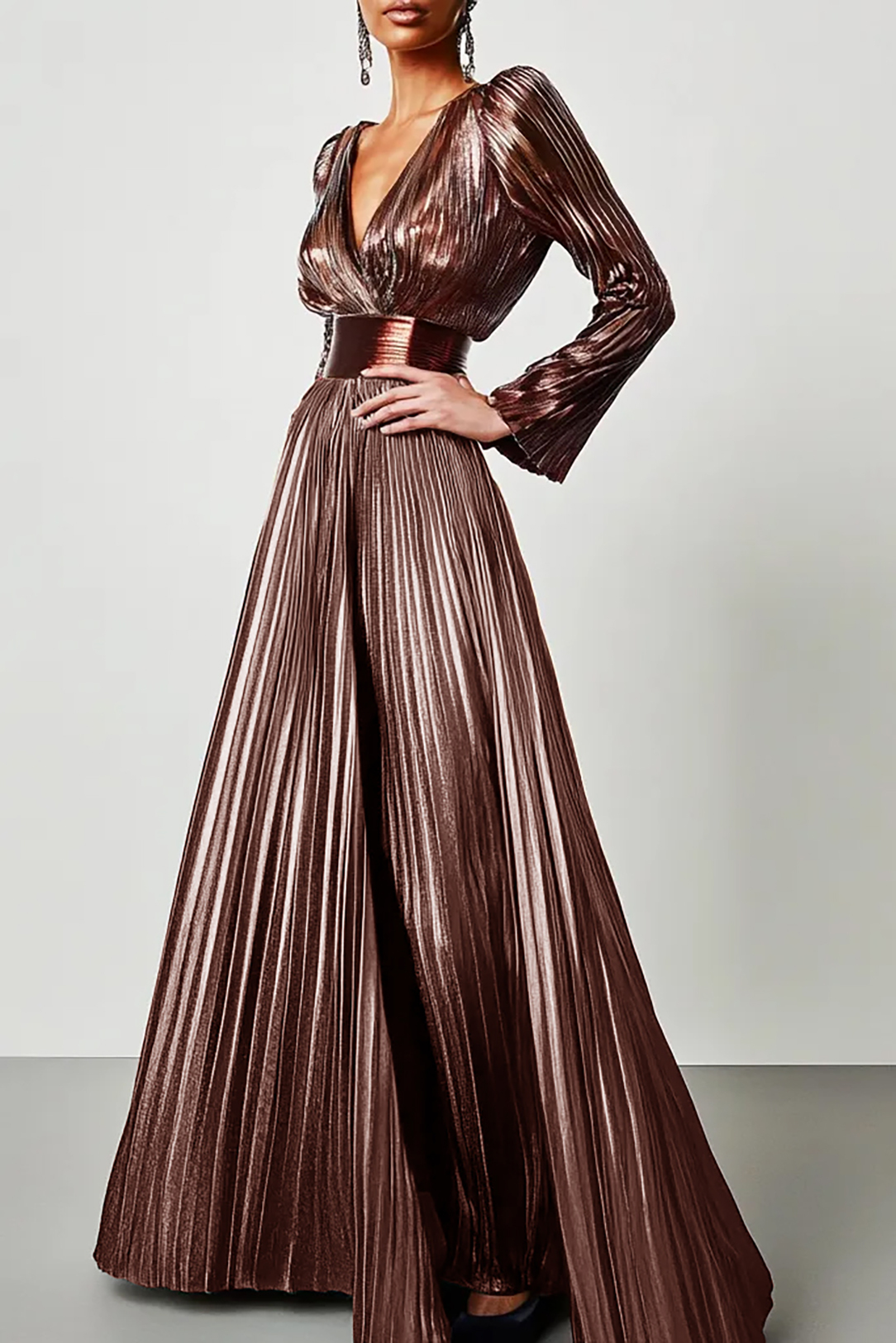 Daily Party Work V Neck Colorful Gradient Pleated Maxi Dress