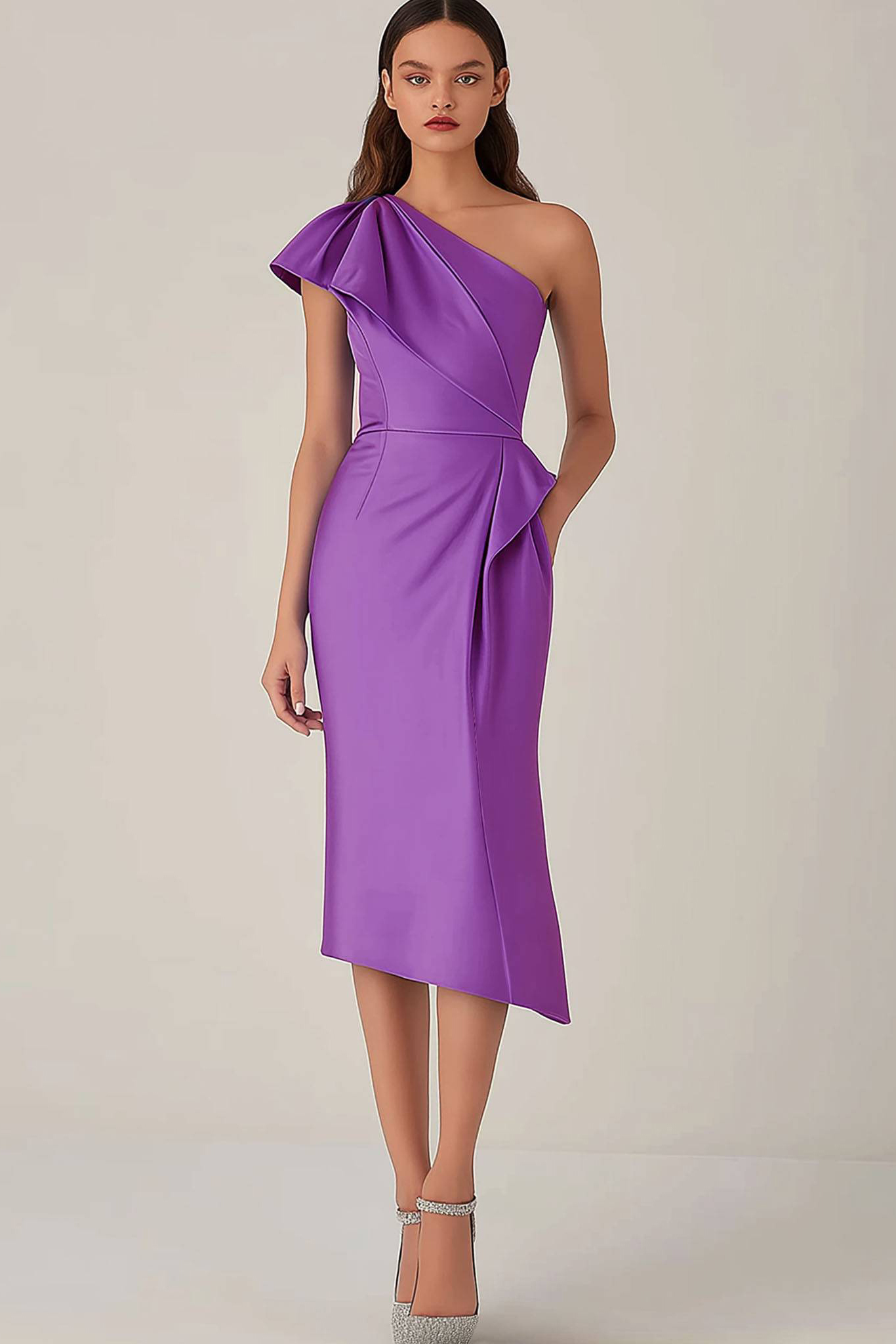 Cocktail Party Dress Purple One-Shoulder Pocketed Midi Dress