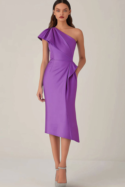Cocktail Party Dress Purple One-Shoulder Pocketed Midi Dress