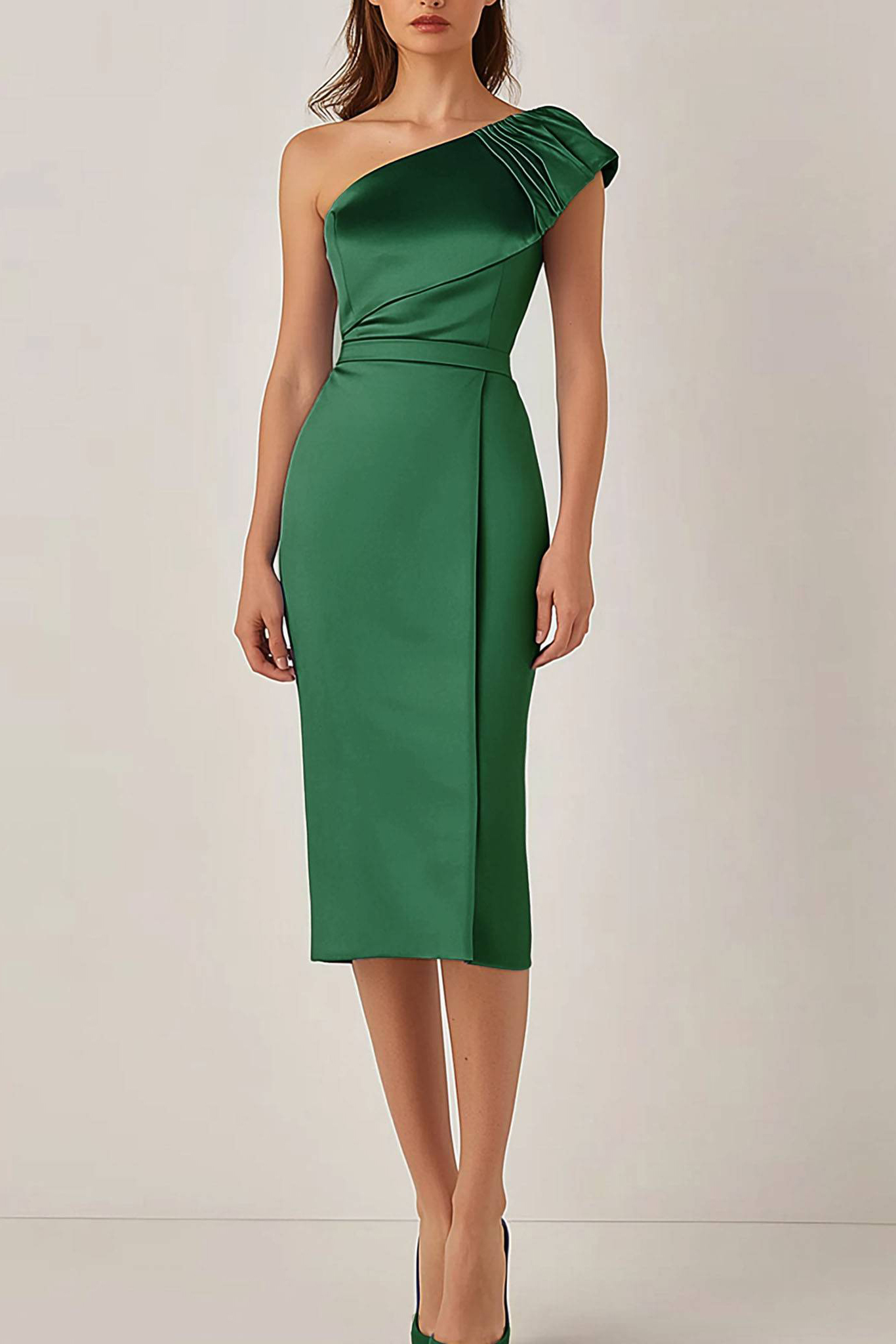 Cocktail Party Dress Green One-Shoulder Fitted Midi Dress