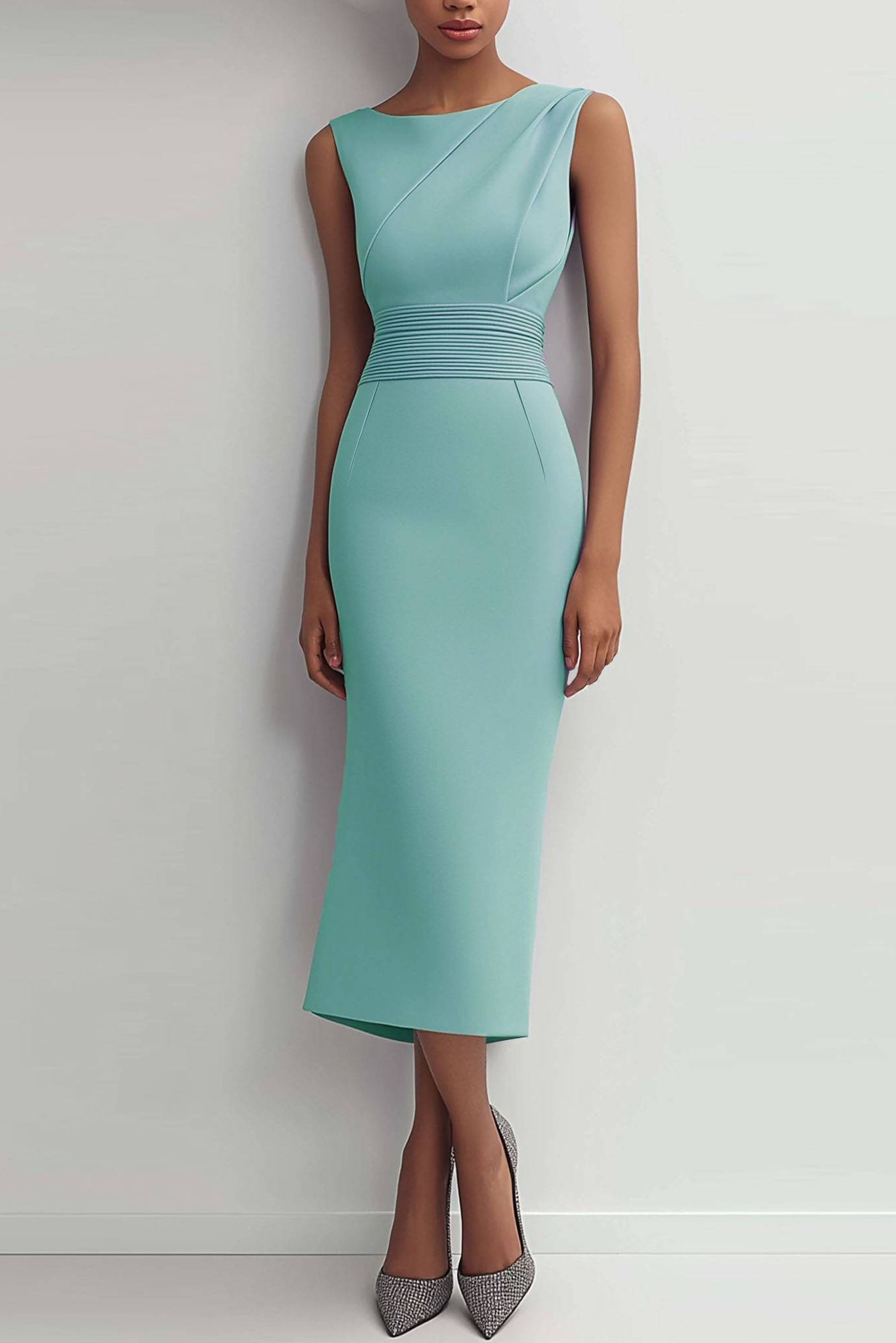 Wedding Guest Semi-Formal Dress Teal Waist Ruched Sleeveless Midi Dres