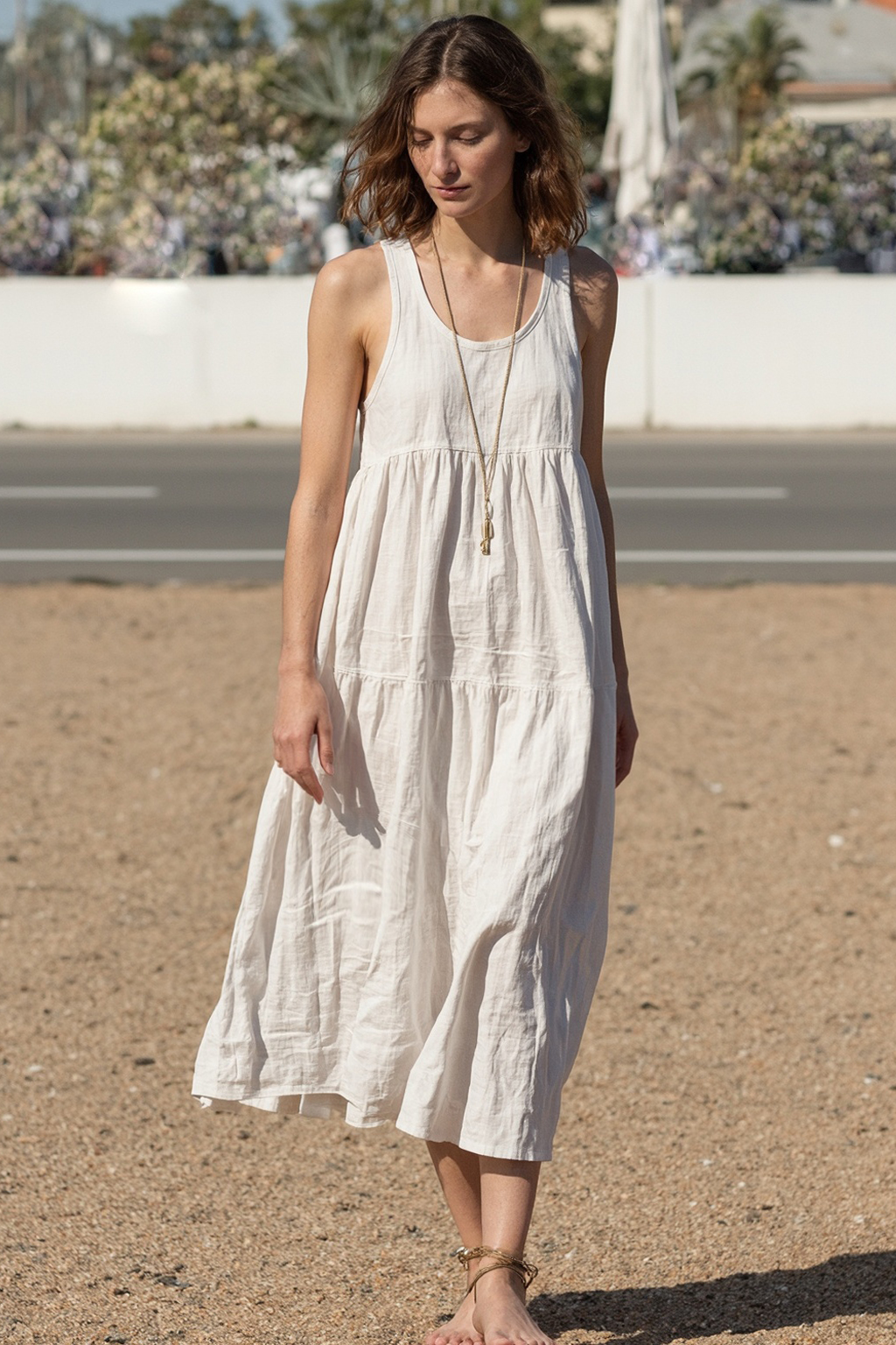 Vacation Dress White Spaghetti Strap Sleeveless Loose Midi Dress