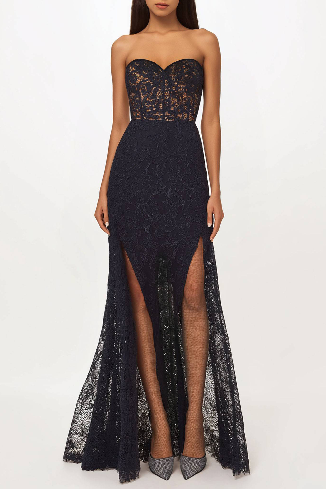 Party Lace Dress Strapless Black Side Slit Floor-Length Dress