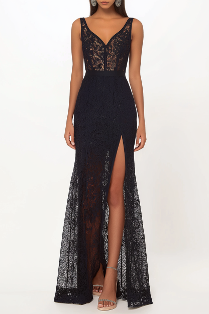 Party Lace Dress V-neck Sleeveless Black Side Slit Floor-Length Dress