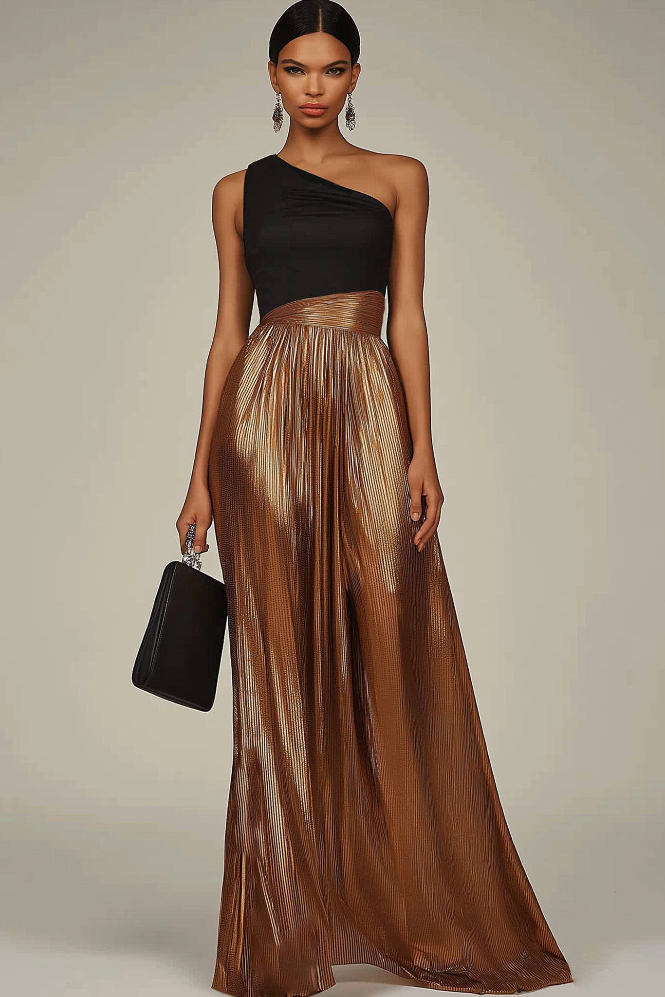 Evening Formal Dress Black-Gold Colorblock One-Shoulder Metallic Maxi Dress
