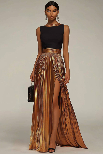 Evening Formal Dress Black-Gold Colorblock Round Neck Pleated Maxi Dress