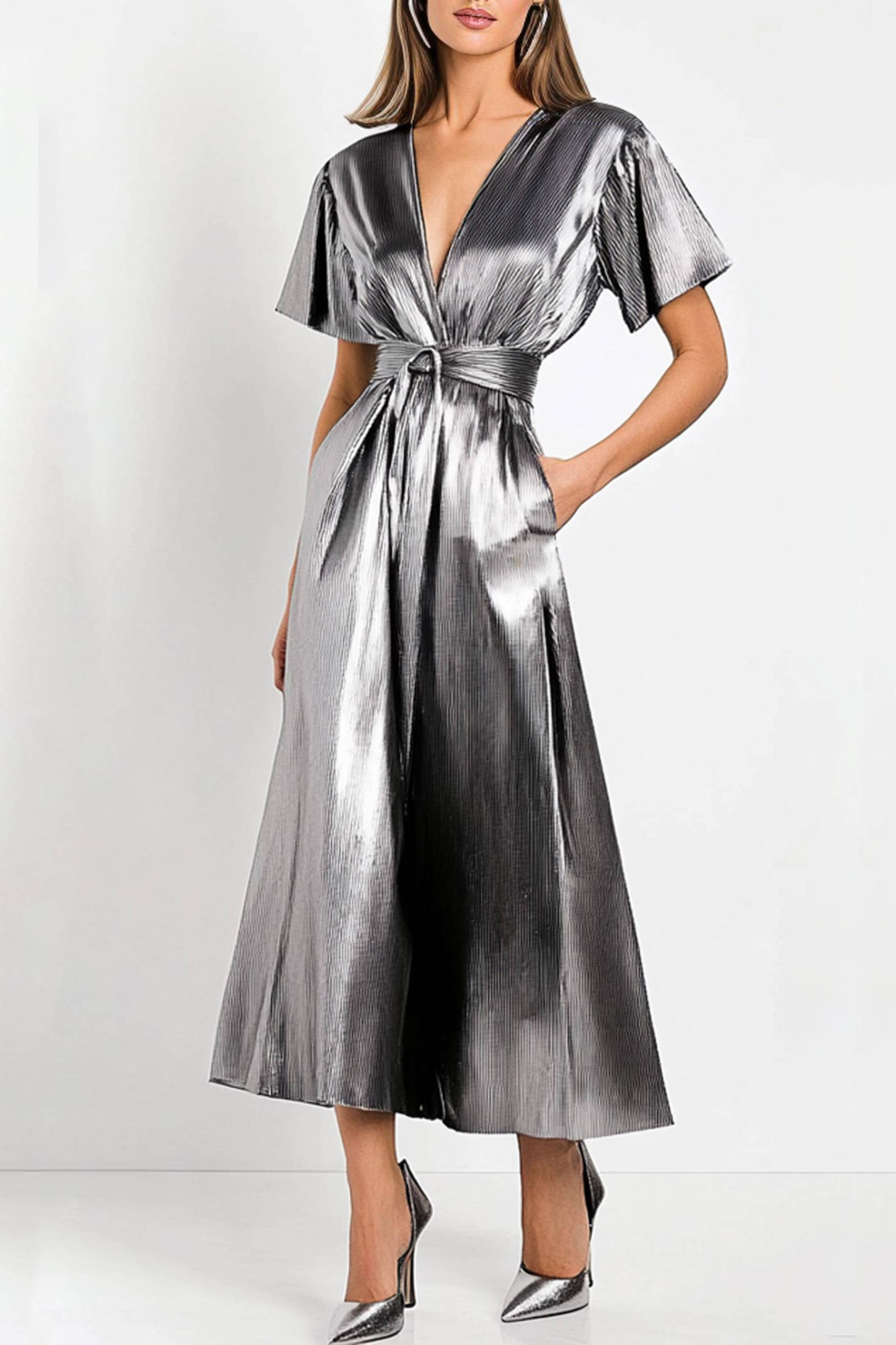Party Silver Dress Deep V Metallic Glossy Pocketed Midi Dress