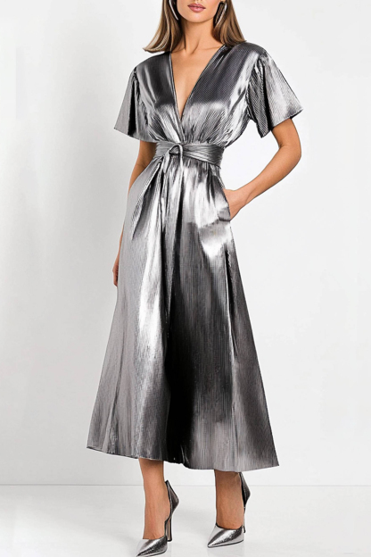 Party Silver Dress Deep V Metallic Glossy Pocketed Midi Dress