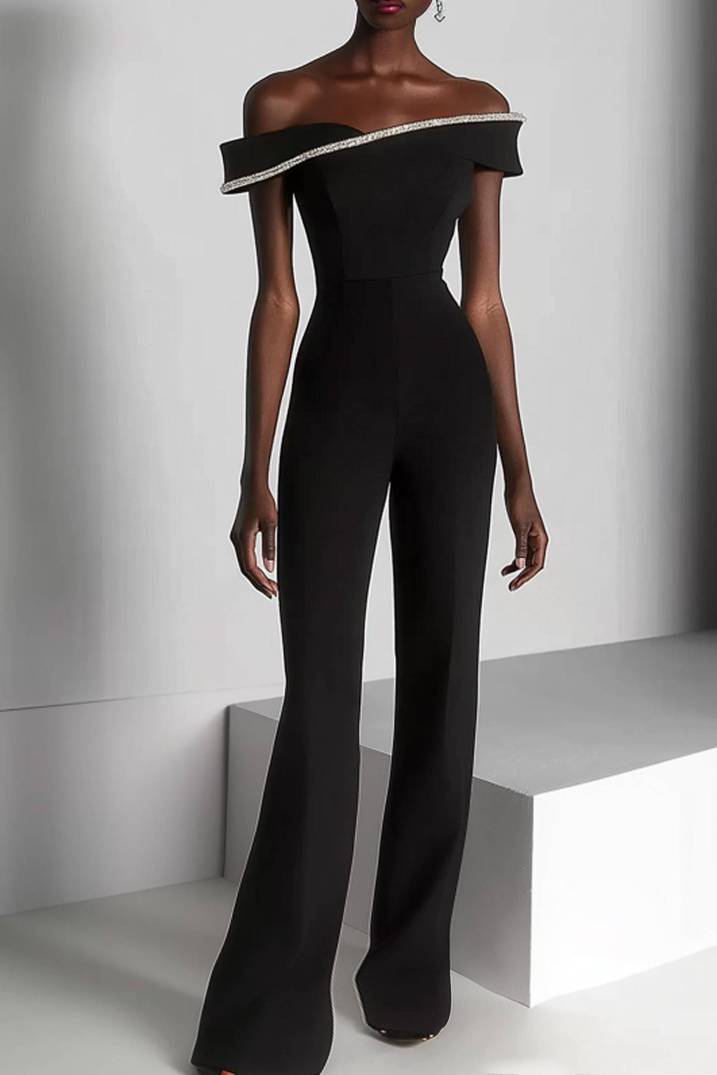 Semi-Formal Party Jumpsuit Black Off-Shoulder Silver Trimmed Wide-Leg