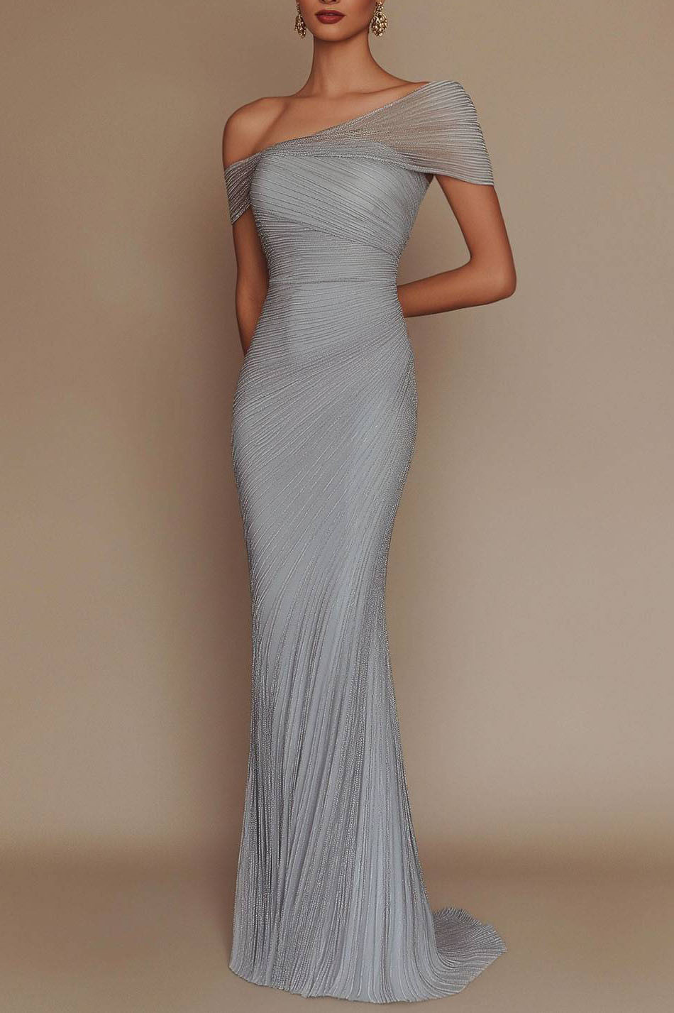 Evening Prom Light Blue Gown One Shoulder Glitter Pleated Maxi Dress