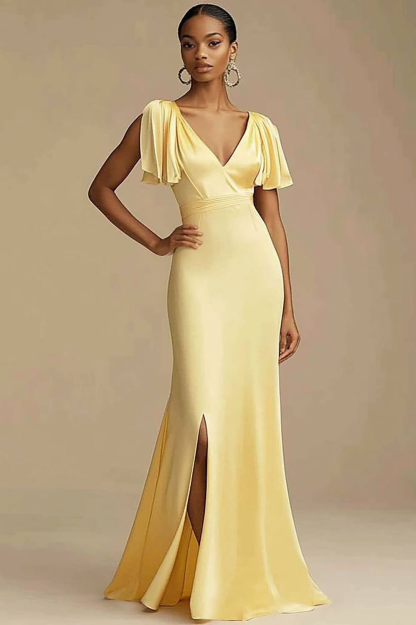 Evening Formal Dress Yellow V-neck Slit Floor-Length Dress
